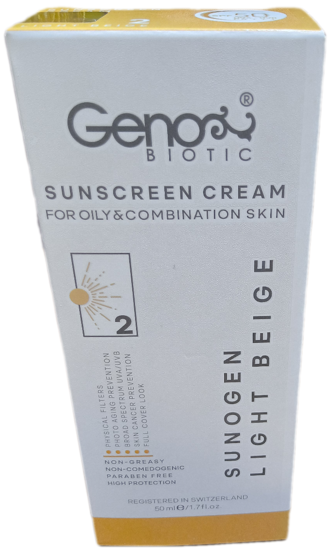 کرم ضدآفتاب ژنو بایوتیک بژ روشن مناسب پوست چرب و مختلط Genobiotic Spf 50